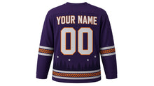 Load image into Gallery viewer, Night Owl Forest Original Hockey Jersey in Twilight Plum, back view with your name and number – feather-pattern yoke and feather-chevron sleeve stripes