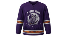 Load image into Gallery viewer, Night Owl Forest Original Hockey Jersey in Twilight Plum, front view – horned owl on a pine branch before a full moon with owl-face crest, custom name and number