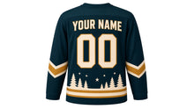 Load image into Gallery viewer, Night Owl Forest Original Hockey Jersey in Midnight Teal, back view with your name and number – feather-pattern yoke and feather-chevron sleeve stripes