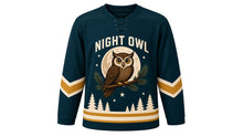 Load image into Gallery viewer, Night Owl Forest Original Hockey Jersey in Midnight Teal, front view – horned owl on a pine branch before a full moon with owl-face crest, custom name and number