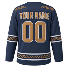 Load image into Gallery viewer, Norse Knotwork Original Hockey Jersey in Fjord Slate, back view with your name and number – interlace-knot yoke and braided knot hem stripes