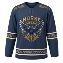 Load image into Gallery viewer, Norse Knotwork Original Hockey Jersey in Fjord Slate, front view – interlaced knotwork eagle with spread wings and knot-ring compass crest, custom name and number
