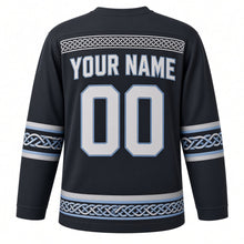 Load image into Gallery viewer, Norse Knotwork Original Hockey Jersey in Iron Charcoal, back view with your name and number – interlace-knot yoke and braided knot hem stripes