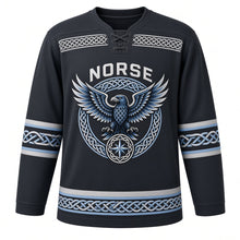 Load image into Gallery viewer, Norse Knotwork Original Hockey Jersey in Iron Charcoal, front view – interlaced knotwork eagle with spread wings and knot-ring compass crest, custom name and number