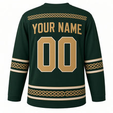 Load image into Gallery viewer, Norse Knotwork Original Hockey Jersey in Forest Moss, back view with your name and number – interlace-knot yoke and braided knot hem stripes