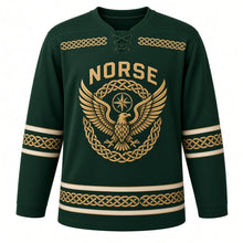 Load image into Gallery viewer, Norse Knotwork Original Hockey Jersey in Forest Moss, front view – interlaced knotwork eagle with spread wings and knot-ring compass crest, custom name and number