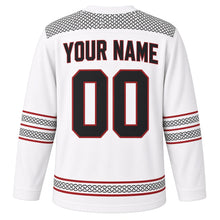 Load image into Gallery viewer, Norse Knotwork Original Hockey Jersey in Rune White, back view with your name and number – interlace-knot yoke and braided knot hem stripes