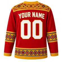 Load image into Gallery viewer, North Macedonia Original Hockey Jersey in Vardar Red, back view with your name and number – folk cross-stitch embroidery yoke and diamond sleeve bands
