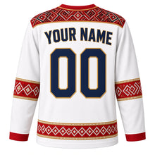 Load image into Gallery viewer, North Macedonia Original Hockey Jersey in Linen Embroidery White, back view with your name and number – folk cross-stitch embroidery yoke and diamond sleeve bands
