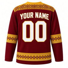 Load image into Gallery viewer, North Macedonia Original Hockey Jersey in Ohrid Wine Red, back view with your name and number – folk cross-stitch embroidery yoke and diamond sleeve bands