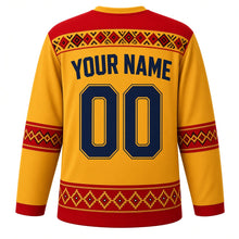 Load image into Gallery viewer, North Macedonia Original Hockey Jersey in Harvest Yellow, back view with your name and number – folk cross-stitch embroidery yoke and diamond sleeve bands
