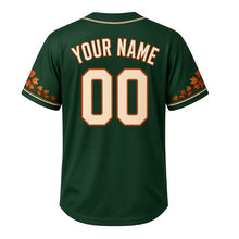 Load image into Gallery viewer, North Point Water Tower Milwaukee Baseball Jersey in Bluff Forest Green, back view with your name and number – falling-leaf patterned sleeves and yoke