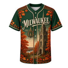 Load image into Gallery viewer, North Point Water Tower Milwaukee Baseball Jersey in Bluff Forest Green, front view – Victorian stone water tower and autumn trees art, custom name and number