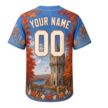 Load image into Gallery viewer, North Point Water Tower Milwaukee Baseball Jersey in Lake Blue, back view with your name and number – falling-leaf patterned sleeves and yoke