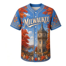 Load image into Gallery viewer, North Point Water Tower Milwaukee Baseball Jersey in Lake Blue, front view – Victorian stone water tower and autumn trees art, custom name and number