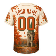 Load image into Gallery viewer, North Point Water Tower Milwaukee Baseball Jersey in Limestone Cream, back view with your name and number – falling-leaf patterned sleeves and yoke