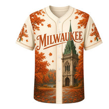 Load image into Gallery viewer, North Point Water Tower Milwaukee Baseball Jersey in Limestone Cream, front view – Victorian stone water tower and autumn trees art, custom name and number