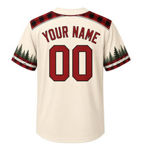 Load image into Gallery viewer, Northwoods Plaid Milwaukee Baseball Jersey in Birch Bark Cream, back view with your name and number – buffalo plaid and pine-bough sleeve pattern