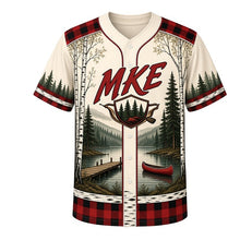 Load image into Gallery viewer, Northwoods Plaid Milwaukee Baseball Jersey in Birch Bark Cream, front view – buffalo plaid, pines, canoes and loons on a misty lake, custom name and number