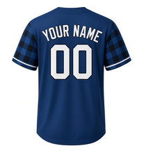 Load image into Gallery viewer, Northwoods Plaid Milwaukee Baseball Jersey in Loon Lake Blue, back view with your name and number – buffalo plaid and pine-bough sleeve pattern