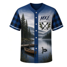 Load image into Gallery viewer, Northwoods Plaid Milwaukee Baseball Jersey in Loon Lake Blue, front view – buffalo plaid, pines, canoes and loons on a misty lake, custom name and number