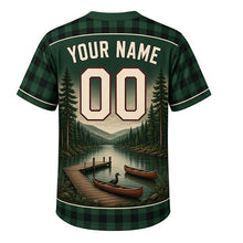 Load image into Gallery viewer, Northwoods Plaid Milwaukee Baseball Jersey in Deep Pine Green, back view with your name and number – buffalo plaid and pine-bough sleeve pattern
