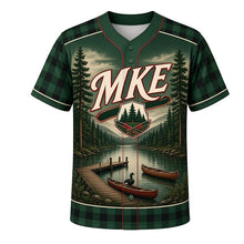 Load image into Gallery viewer, Northwoods Plaid Milwaukee Baseball Jersey in Deep Pine Green, front view – buffalo plaid, pines, canoes and loons on a misty lake, custom name and number