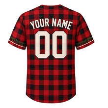 Load image into Gallery viewer, Northwoods Plaid Milwaukee Baseball Jersey in Buffalo Plaid Red, back view with your name and number – buffalo plaid and pine-bough sleeve pattern