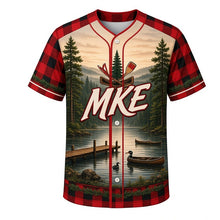 Load image into Gallery viewer, Northwoods Plaid Milwaukee Baseball Jersey in Buffalo Plaid Red, front view – buffalo plaid, pines, canoes and loons on a misty lake, custom name and number