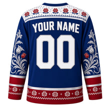 Load image into Gallery viewer, Norway Original Hockey Jersey in Fjord Blue, back view with your name and number – Selbu-rose knit yoke and rosemaling sleeve bands