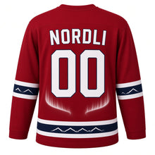 Load image into Gallery viewer, Norway Fjord Aurora Original Hockey Jersey in Lingonberry Red, back view with your name and number