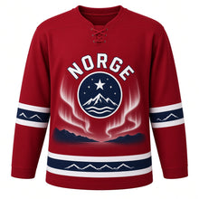 Load image into Gallery viewer, Norway Fjord Aurora Original Hockey Jersey in Lingonberry Red, front view – custom name and number