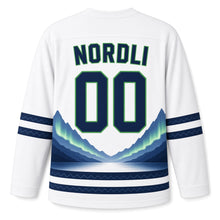 Load image into Gallery viewer, Norway Fjord Aurora Original Hockey Jersey in Glacier White, back view with your name and number