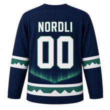 Load image into Gallery viewer, Norway Fjord Aurora Original Hockey Jersey in Fjord Night Blue, back view with your name and number