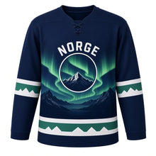 Load image into Gallery viewer, Norway Fjord Aurora Original Hockey Jersey in Fjord Night Blue, front view – custom name and number