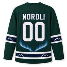 Load image into Gallery viewer, Norway Fjord Aurora Original Hockey Jersey in Pine Green, back view with your name and number