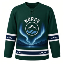 Load image into Gallery viewer, Norway Fjord Aurora Original Hockey Jersey in Pine Green, front view – custom name and number