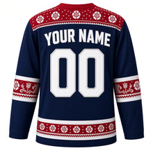 Load image into Gallery viewer, Norway Original Hockey Jersey in Polar Night Navy, back view with your name and number – Selbu-rose knit yoke and rosemaling sleeve bands