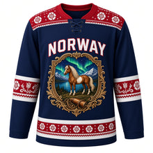 Load image into Gallery viewer, Norway Original Hockey Jersey in Polar Night Navy, front view – Selbu-rose knit yoke and rosemaling fjord-horse crest in ornate detailed artwork, custom name and number