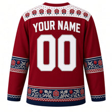 Load image into Gallery viewer, Norway Original Hockey Jersey in Lingonberry Red, back view with your name and number – Selbu-rose knit yoke and rosemaling sleeve bands