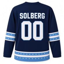 Load image into Gallery viewer, Norway Ski Jump Peaks Original Hockey Jersey in Polar Navy, back view with your name and number