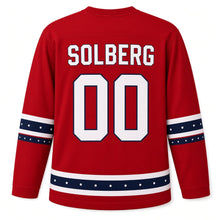 Load image into Gallery viewer, Norway Ski Jump Peaks Original Hockey Jersey in Cabin Red, back view with your name and number