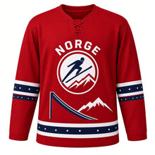 Load image into Gallery viewer, Norway Ski Jump Peaks Original Hockey Jersey in Cabin Red, front view – custom name and number