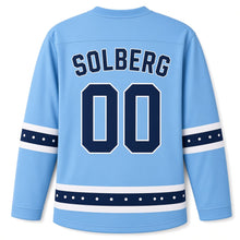 Load image into Gallery viewer, Norway Ski Jump Peaks Original Hockey Jersey in Winter Sky Blue, back view with your name and number