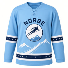 Load image into Gallery viewer, Norway Ski Jump Peaks Original Hockey Jersey in Winter Sky Blue, front view – custom name and number