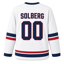 Load image into Gallery viewer, Norway Ski Jump Peaks Original Hockey Jersey in Snowfield White, back view with your name and number