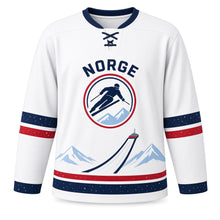 Load image into Gallery viewer, Norway Ski Jump Peaks Original Hockey Jersey in Snowfield White, front view – custom name and number