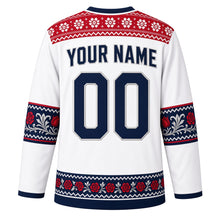 Load image into Gallery viewer, Norway Original Hockey Jersey in Snowfield White, back view with your name and number – Selbu-rose knit yoke and rosemaling sleeve bands