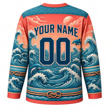 Load image into Gallery viewer, Ocean Wave Rider Original Hockey Jersey in Coral Reef, back view with your name and number – wave scallop yoke and rolling wave sleeve stripes