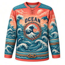 Load image into Gallery viewer, Ocean Wave Rider Original Hockey Jersey in Coral Reef, front view – towering curling waves, leaping dolphins and wave compass crest, custom name and number